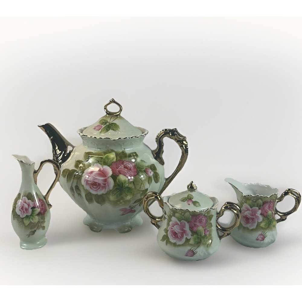 Vtg Lefton Heritage Rose Tea Set Teapot Sugar Creamer Bud Vase Gold Hand Painted
